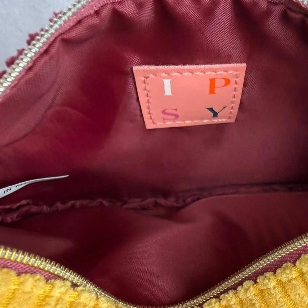 Ipsy Corduroy Makeup Bag Yellow burgundy Pleasted  Zip Cosmetic pouch